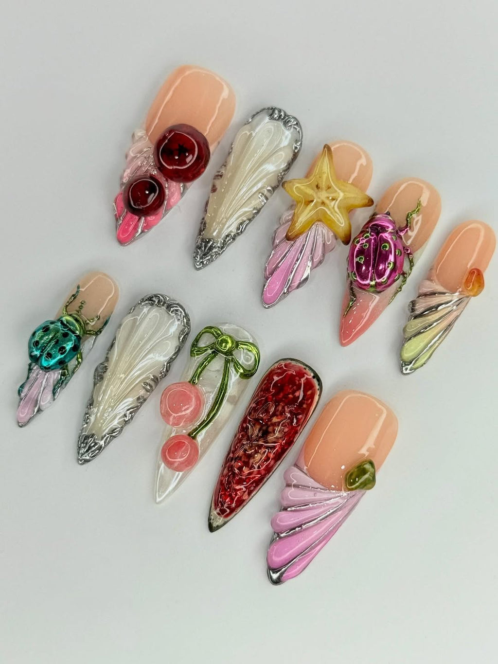 3D Fruit. Insect. and Abstract Art Design Handmade Press-On Nails