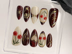 Luxury Red Cherry Press On Nails | Vibrant Luxurious Hand-Painted Star. Bow Acrylic Nail Art | Holiday. Christmas Kawaii Nails | OC551AL
