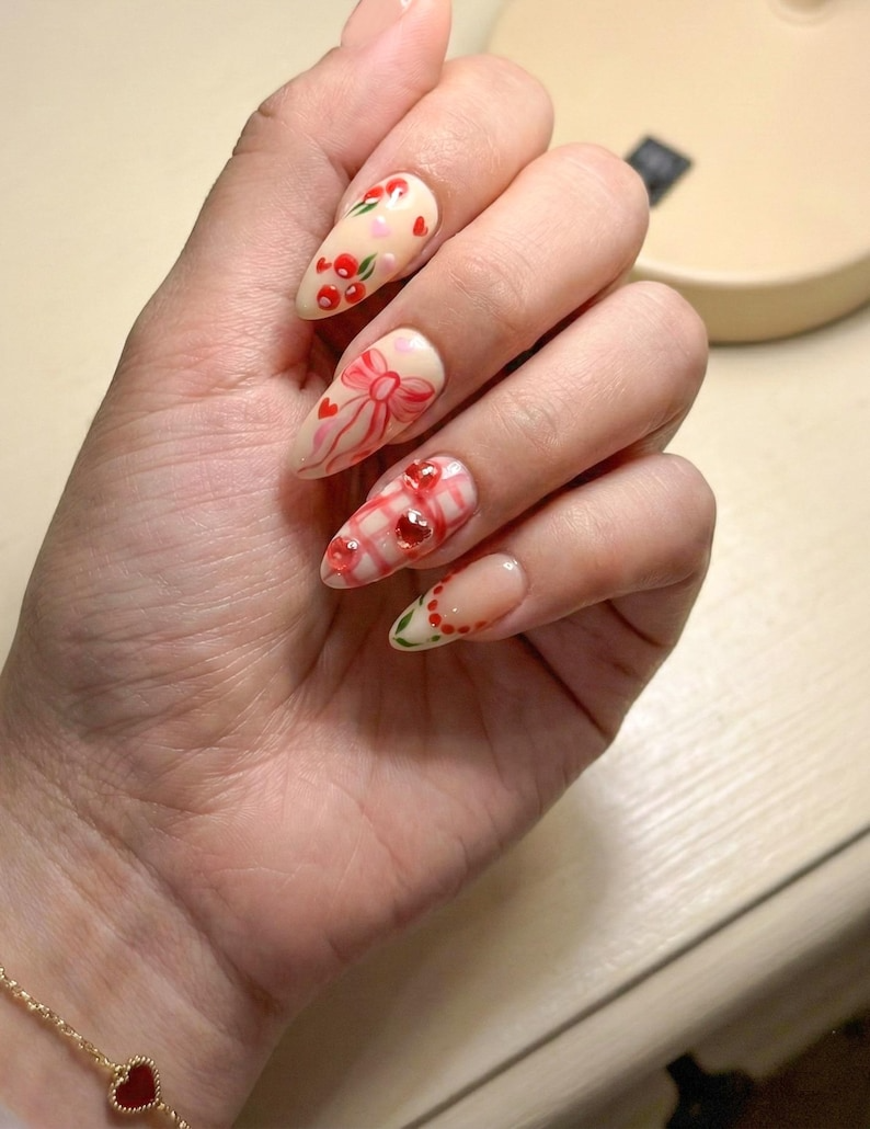 Press On Nails Adhesive Tabs – Cherry Heart & Pink Ribbon Nude Press On Nails. Handmade Valentine Fake Nails Sweet Romantic Nail Art | OB24L