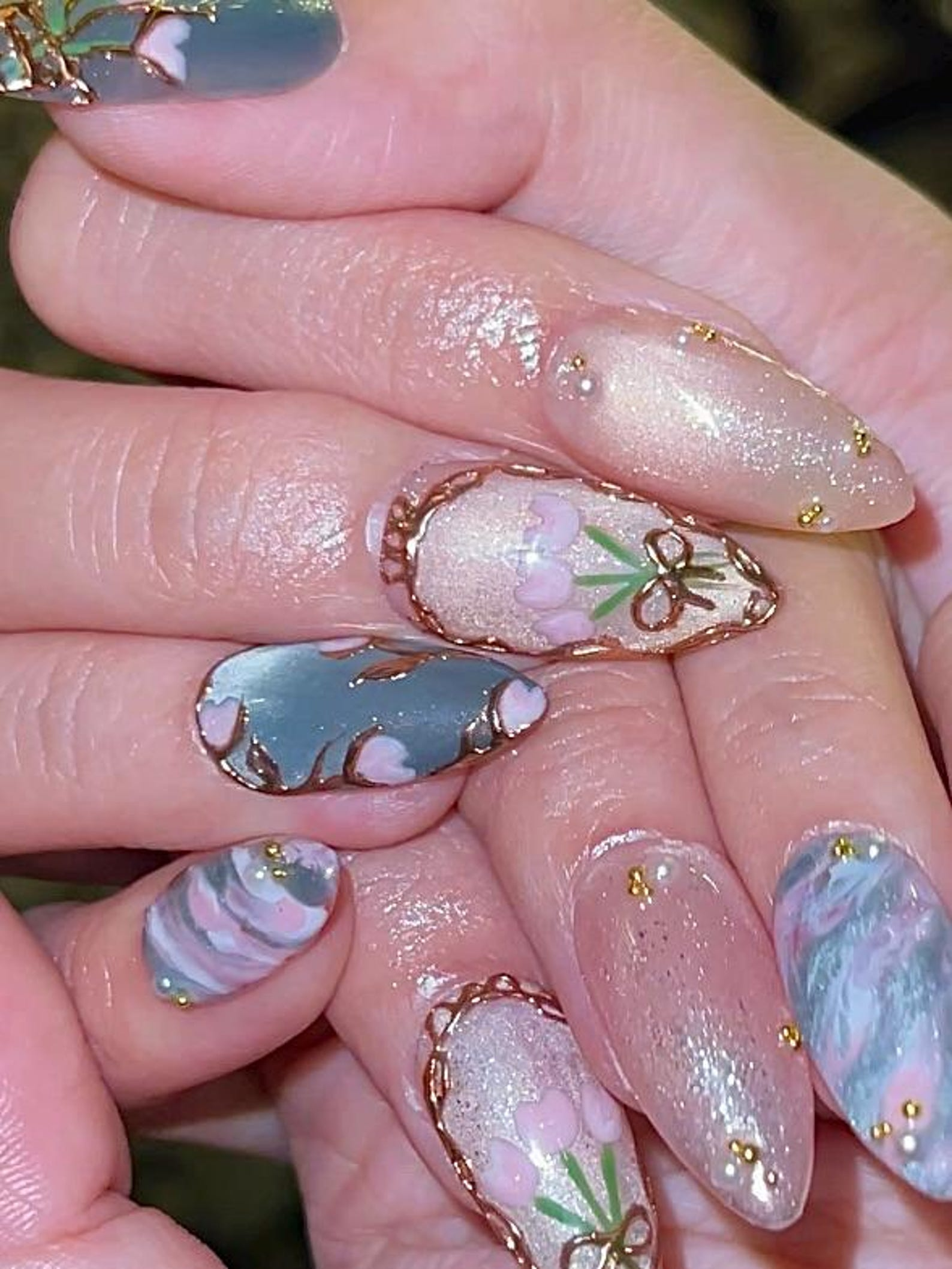 Vintage Tulip Press On Nails. Sage Green and Pink Marble Nails with Gold Rose Frame. Elegant Floral Hand-Painted Custom Nails. OB307HK