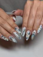 Blue Bloom Elegant Press On Nails | Chinese Luxury Floral Nails | Gold Wire Stiletto Nails | Clear Luxury Art Press Ons | OC299EC