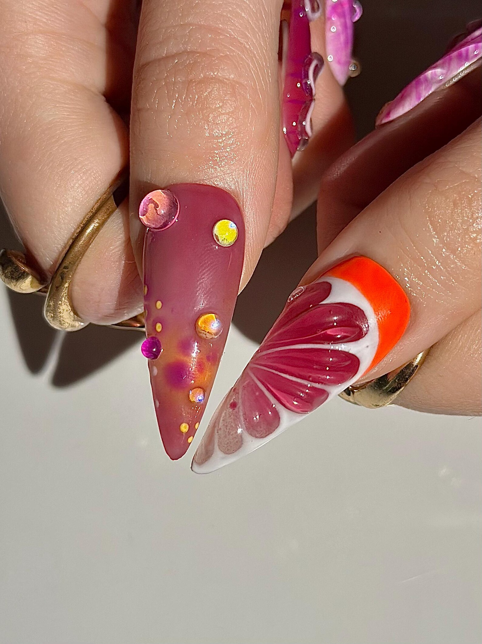 Midnight Sun Aesthetic Press On Nails. 3D Purple Seashell and Hibiscus Floral Nails. Maximalist Tropical Y2K Luxury Fake Nails. OB1287HK
