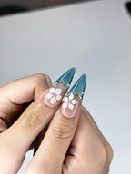 Teal Cat-Eye & 3D White Bloom Nails | Antique Gold Chrome Accents | Luxury Botanical Magnetic Stiletto Art | Elegant Nails | OB379IK