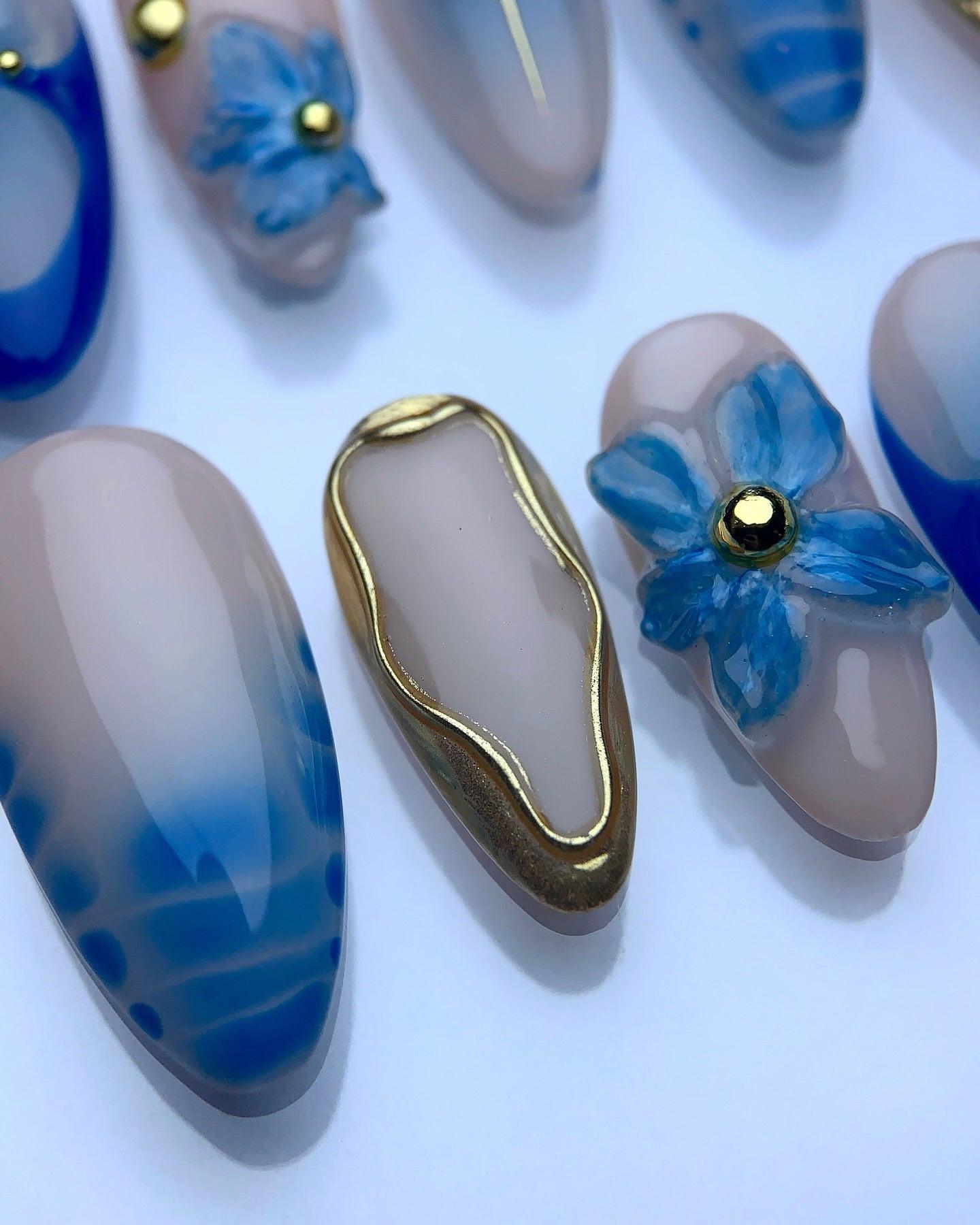 Handmade Blue Floral Elegance Nail Art with Gold Pearl Press on Nails P30