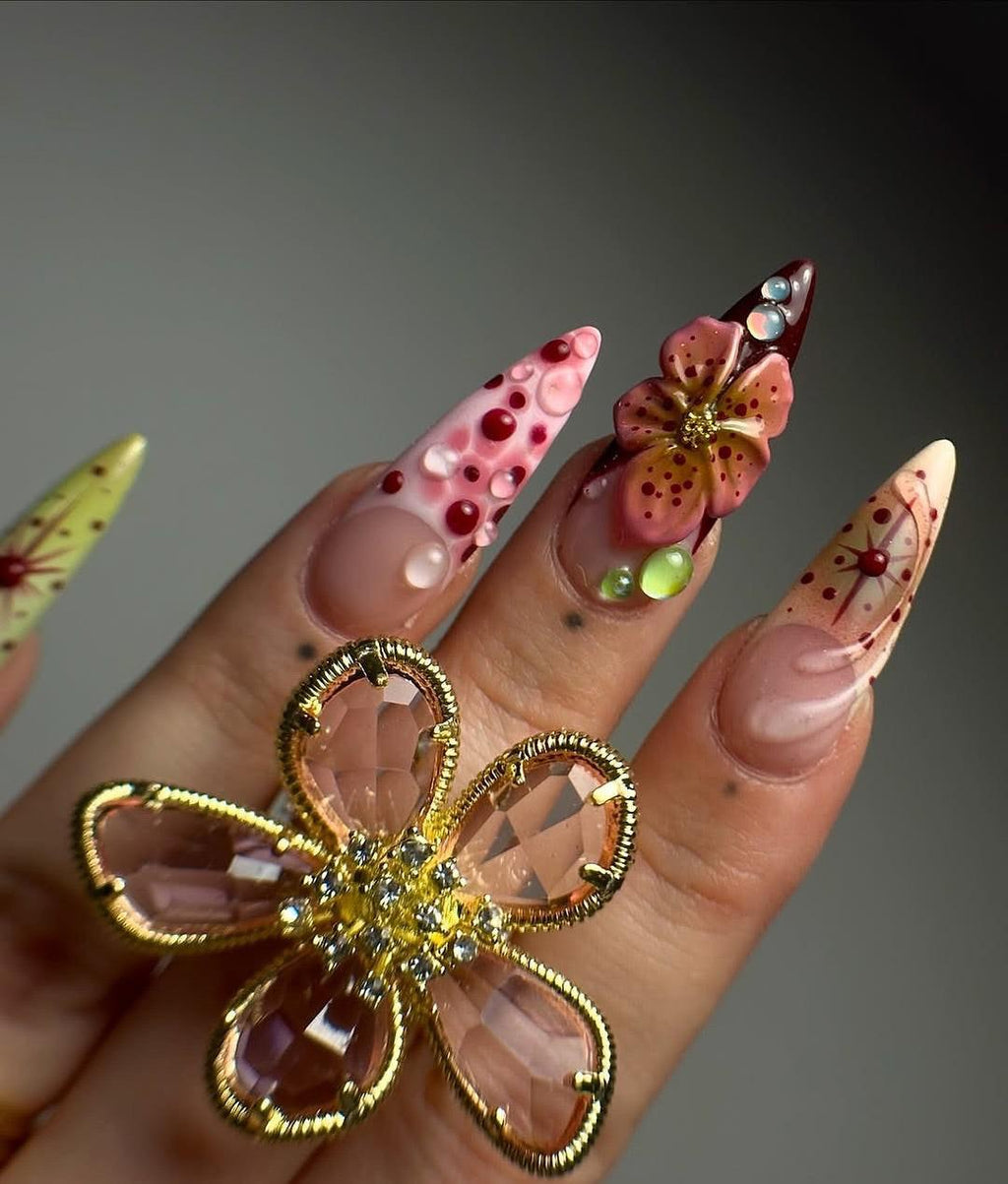 Handmade Burgundy Pink 3D Flower Star Dot Fantasy Press on Nails O18