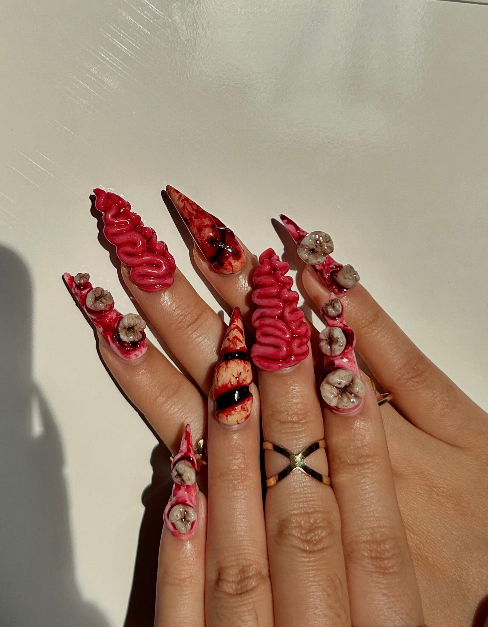 Gorecore Horror Halloween Press On Nails | 3D Brain & Bloody Wound Nail Art | Long Creepy Press Ons | Handpainted Halloween Nails | OB112HC