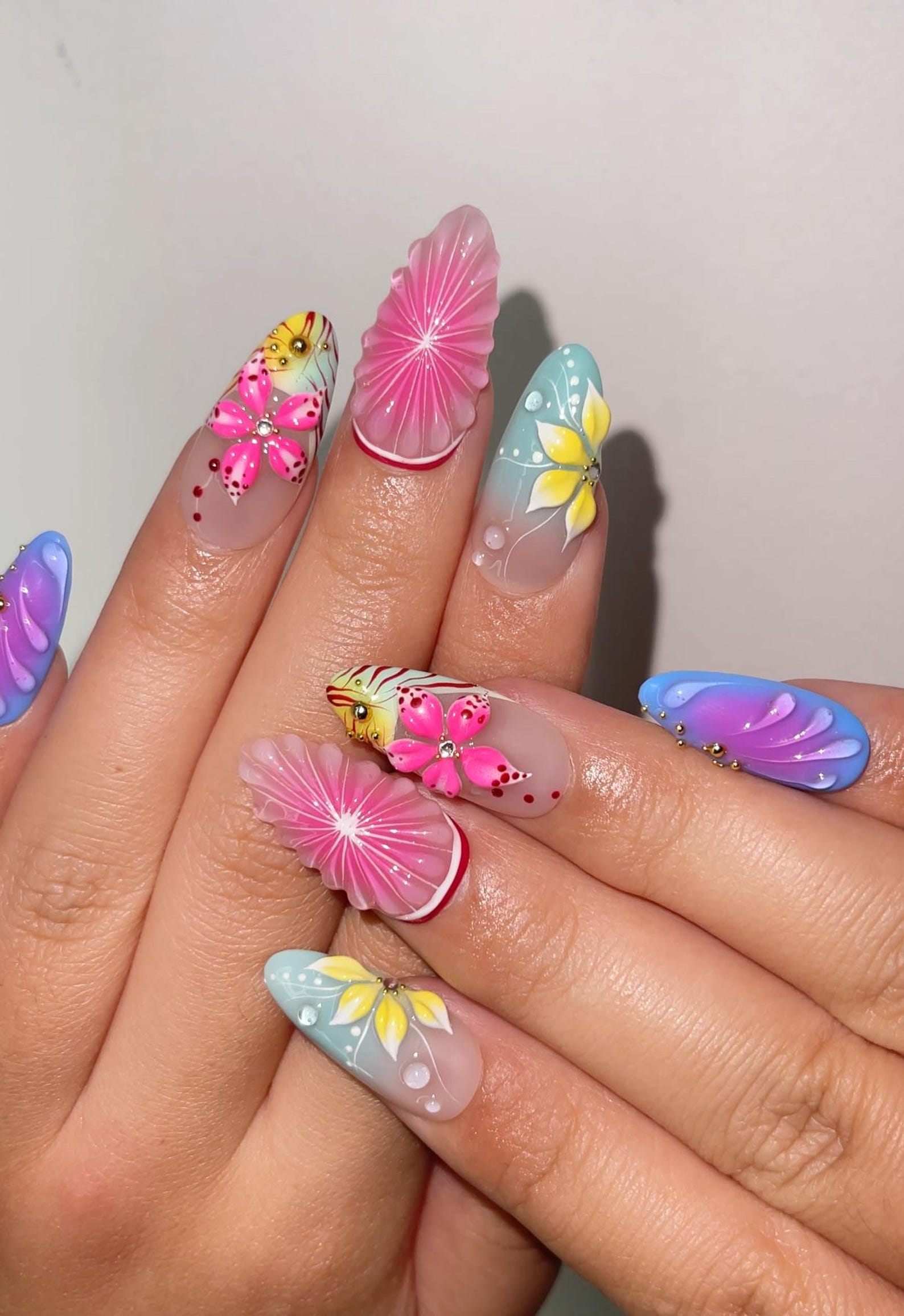 Tropical Bloom Press On Nails | 3D Flower Summer Nails | Colorful Citrus Slice Nails | Hand Painted Floral Nails | Vacation Nails | OB319H