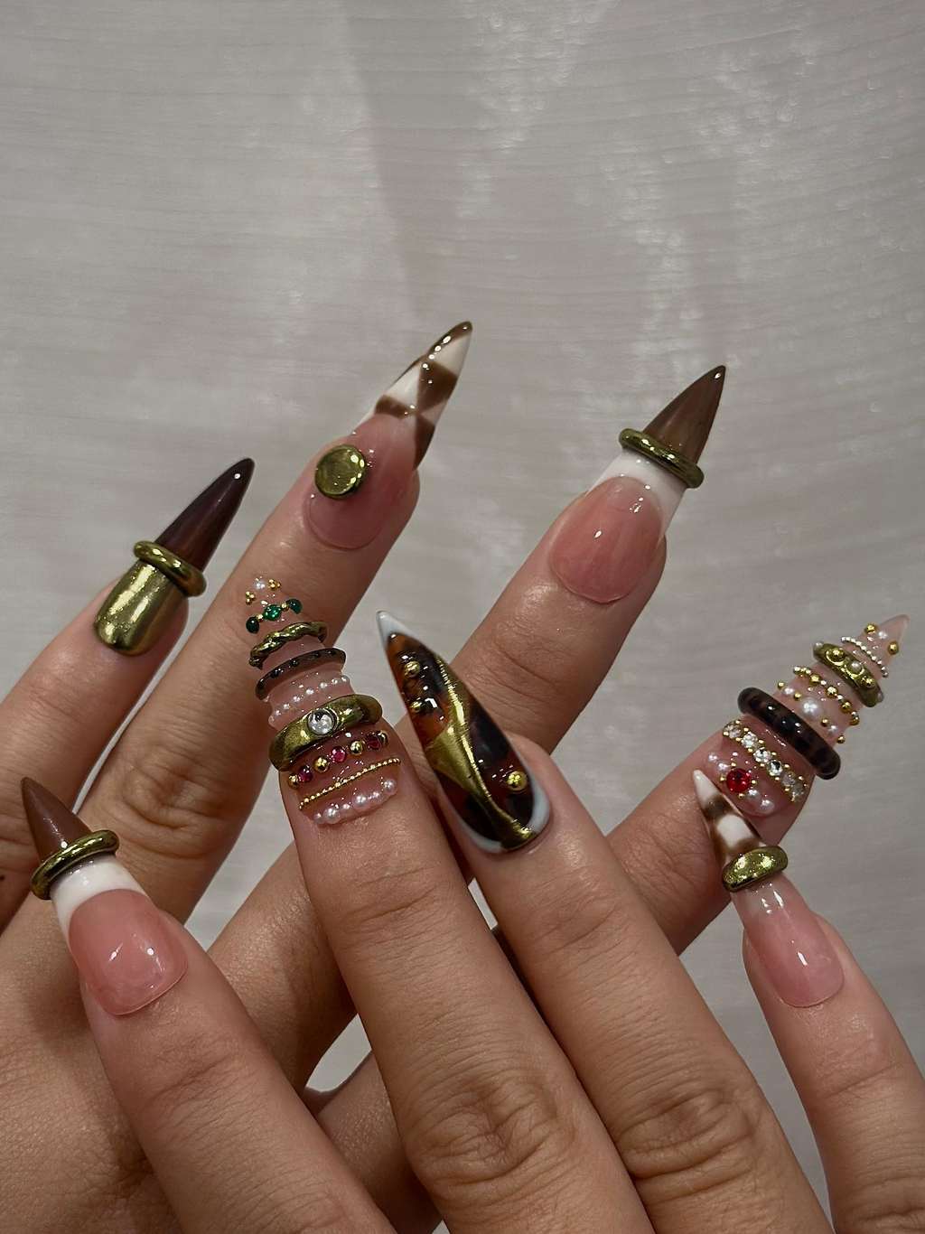 Brown Gold Luxe Press On Nails | Sculptural Ring Nail Art | Luxury Jewelry Inspired Nails | High Fashion Press Ons | Luxury Nail | JB262HK