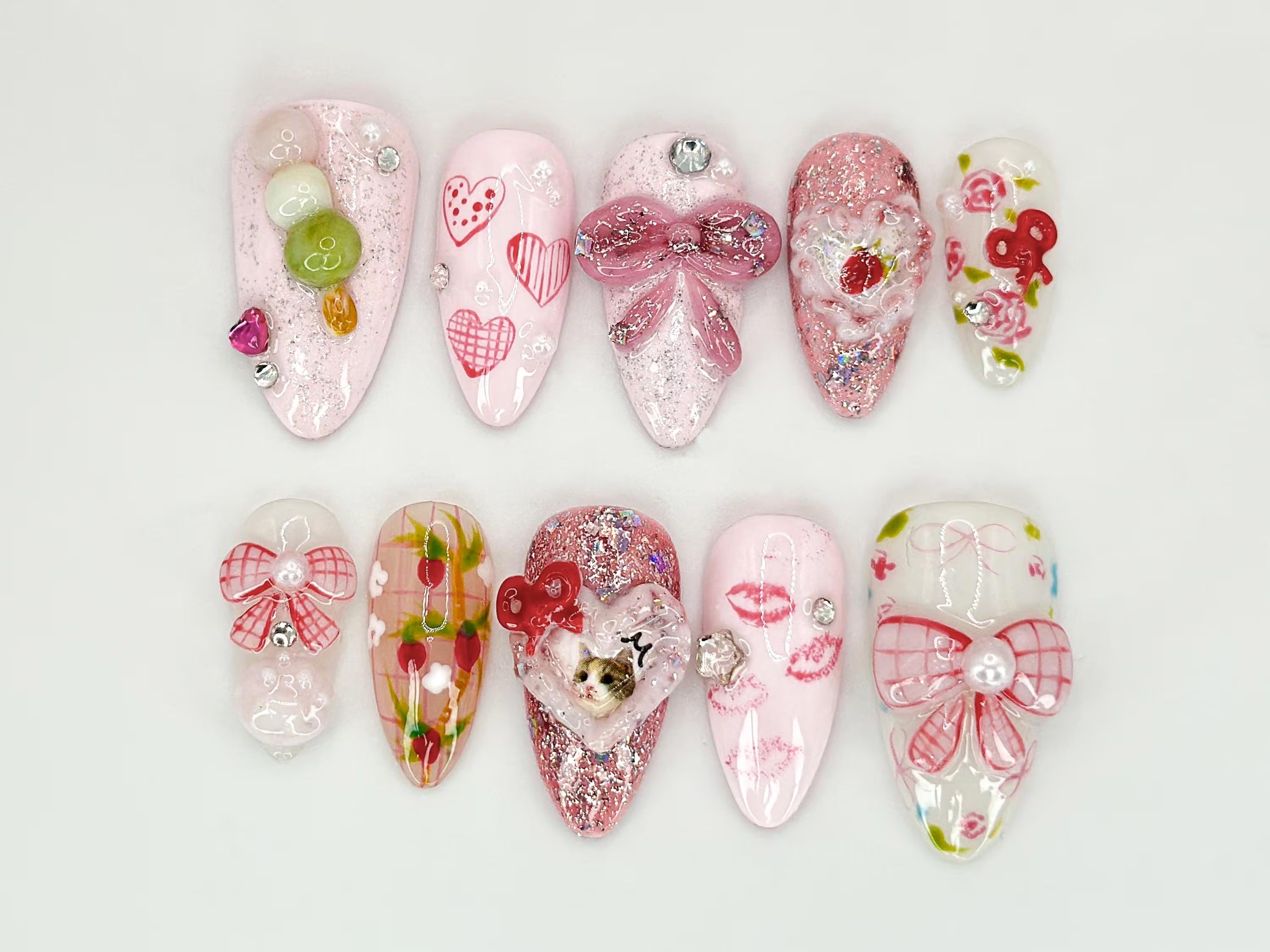 Pink Bow Romance Press On Nails | Cat. Heart & Ribbon Themed Nail Art | Custom Cat Nail Designs | Cute and Sparkly Pet Nail Art | OC556HC
