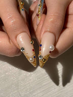 Luxury 3D Jewelry Press On Nails. Gold Filigree and Blue Gemstone False Nails. Royal Core Stiletto Nails for Gala or Wedding | OB1022HC