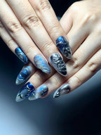 Galaxy Gothic Press On Nails | Dark Blue Chrome Cat Eye Nails | Celestial Star Night Nail Art | Handmade Cosmic Gel Nails | OB328IC