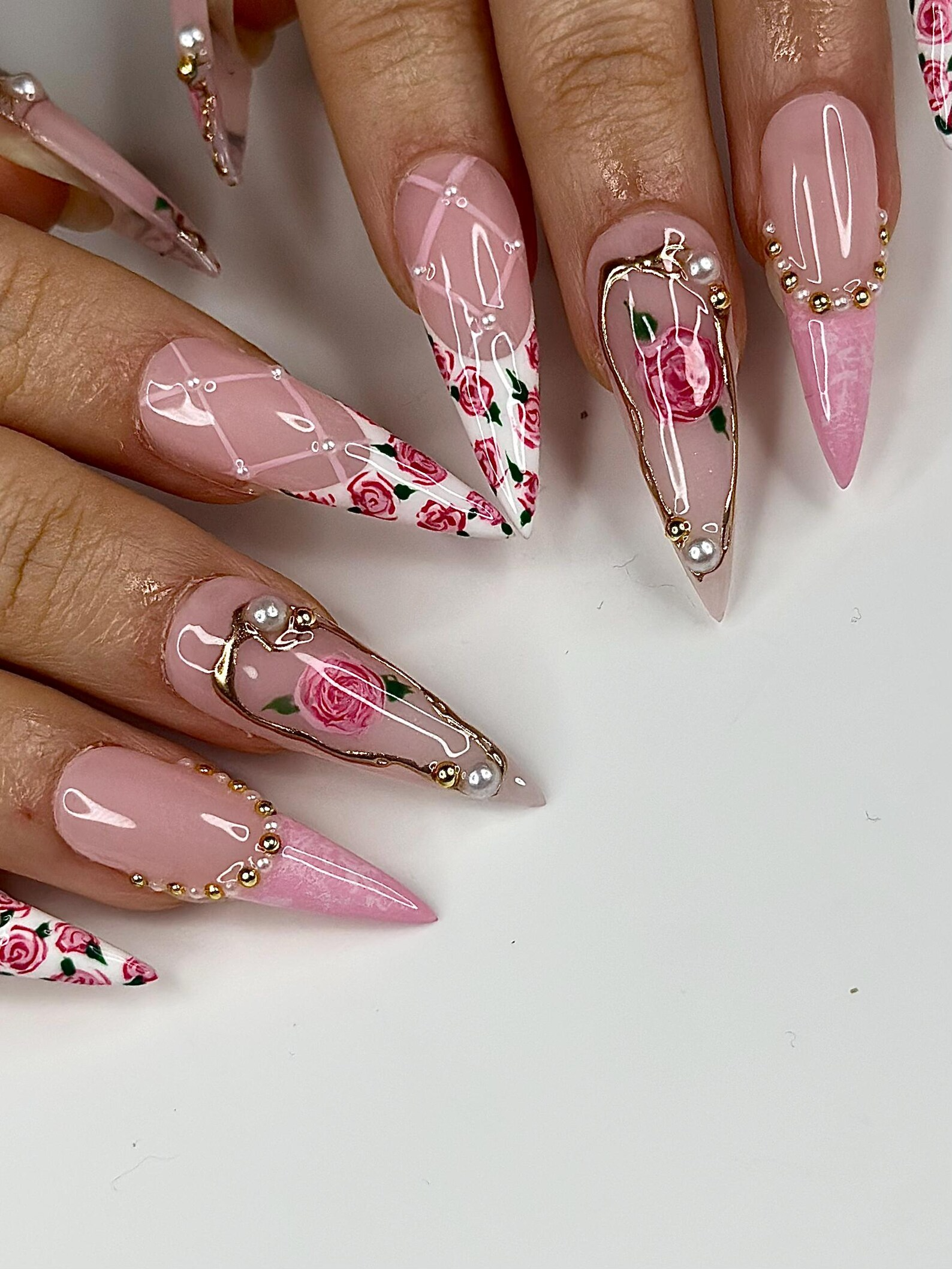 Vintage Rose Stiletto Press On Nails | Pink Rose Bridal Nails for Women | French Tip Floral Nails | Pearl Gold Nail| Romantic Nail |OB1276HC