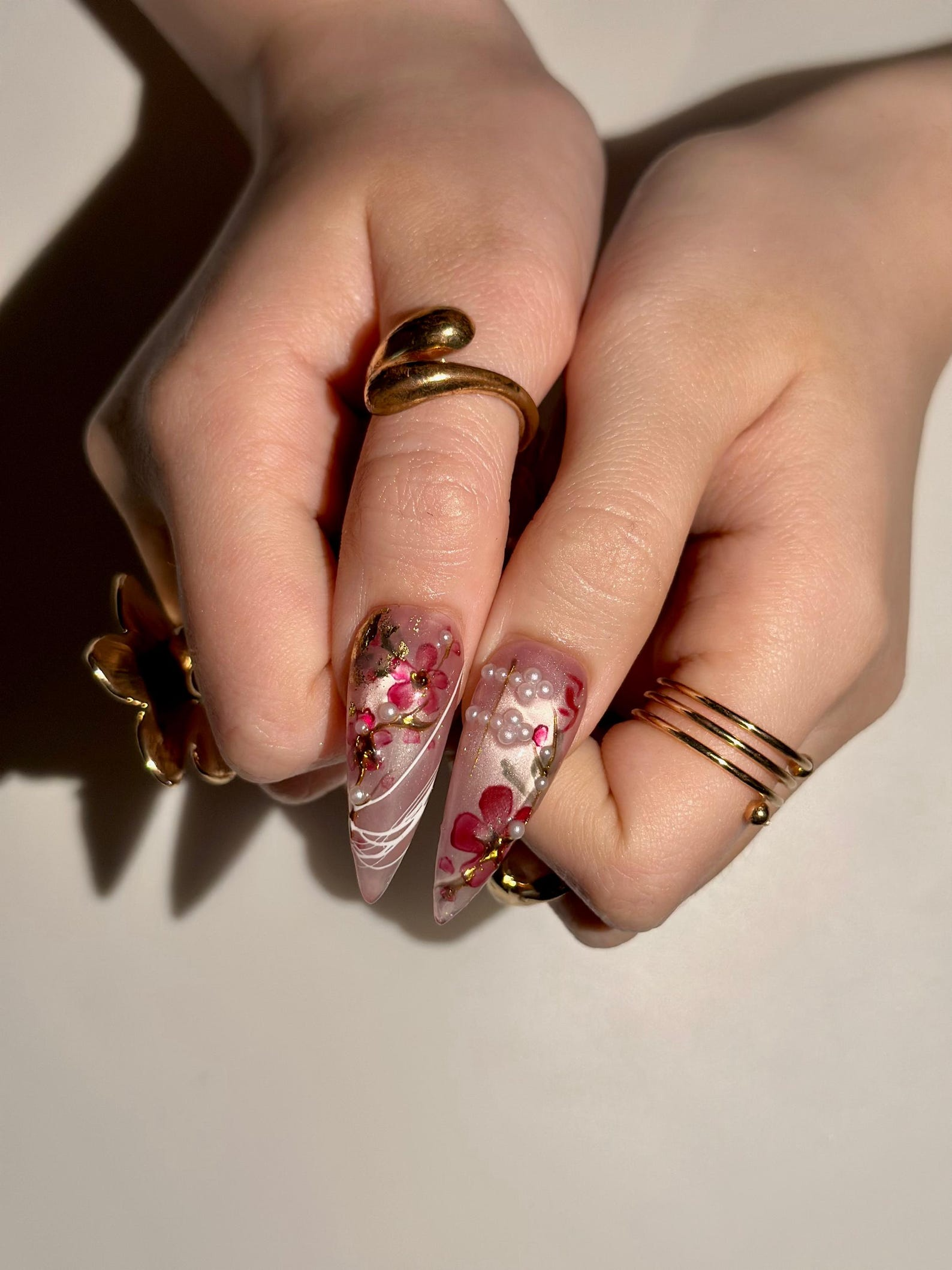 Handmade Cherry Blossom Press On Nails. Asian Inspired Luxury 3D Jade and Gold Leaf Nails. Elegant New Year Luxury Fake Nails. OB1021HC