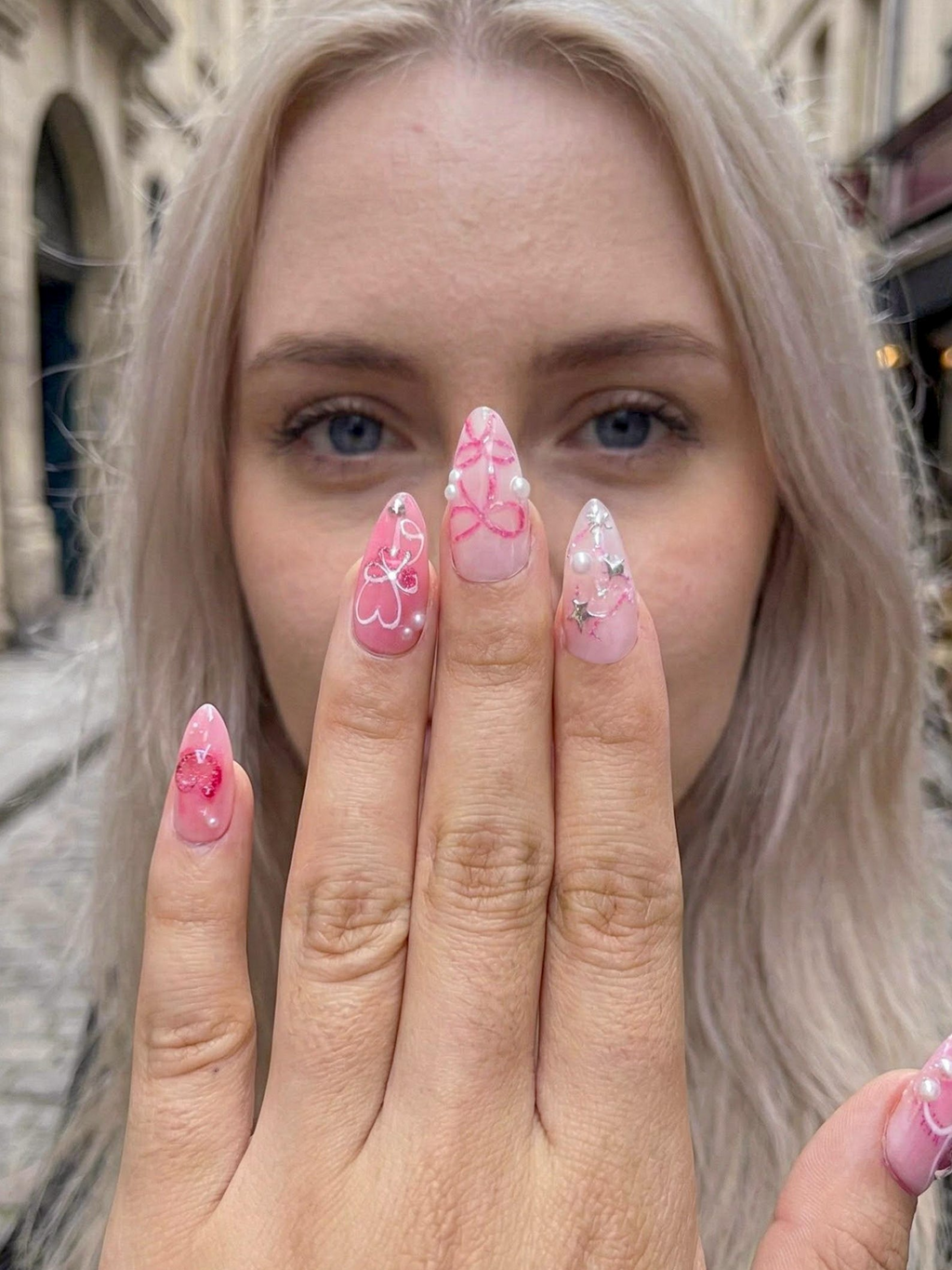 Press On Nails with Pink Ribbon & Heart Charm Design. Handmade Long Glossy Fake Nails for Romantic Coquette Look or Aesthetic Statement Nails | OB279