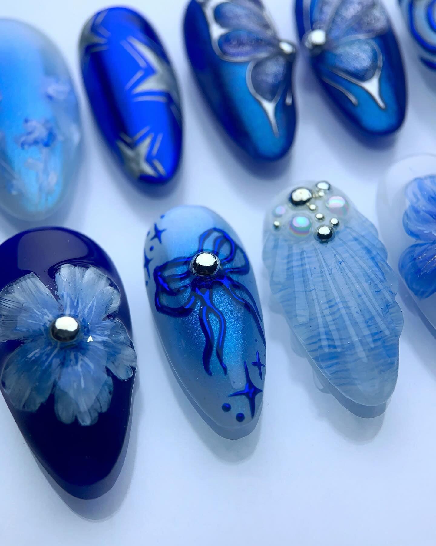 Handmade Blue Butterfly Floral Nail Art with Pearl Bow Accent Press on Nails P83