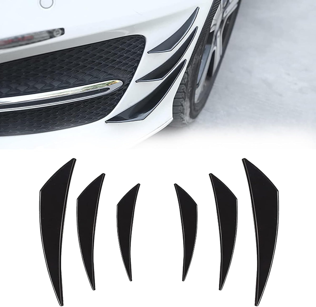 Pack-6 Car Spoiler Canards Kit, Universal Auto Front Bumper Lip Splitter, Body Anti-Collision Diffuser, Exterior Soft Rubber Decorative Stickers (Glossy Black)