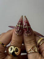 Golden Red Press On Nails | Burgundy & Gold Floral Nail Art | 3D Metallic Flower Design | Luxury Nail Set | Long Stiletto Press Ons| OC878HC