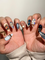 Luxury Blue Silver Press On Nails | Nude Gilded Ring Nail Art | Nude & Steel Statement Nails | High Fashion Almond Nails | OB1023EC