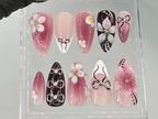 Elegant Pink & Burgundy Floral Short Press On Nails | Luxury Bridal Fake Nails | Gradient Pink Nail Art | Burgundy False Nails | OC707YG