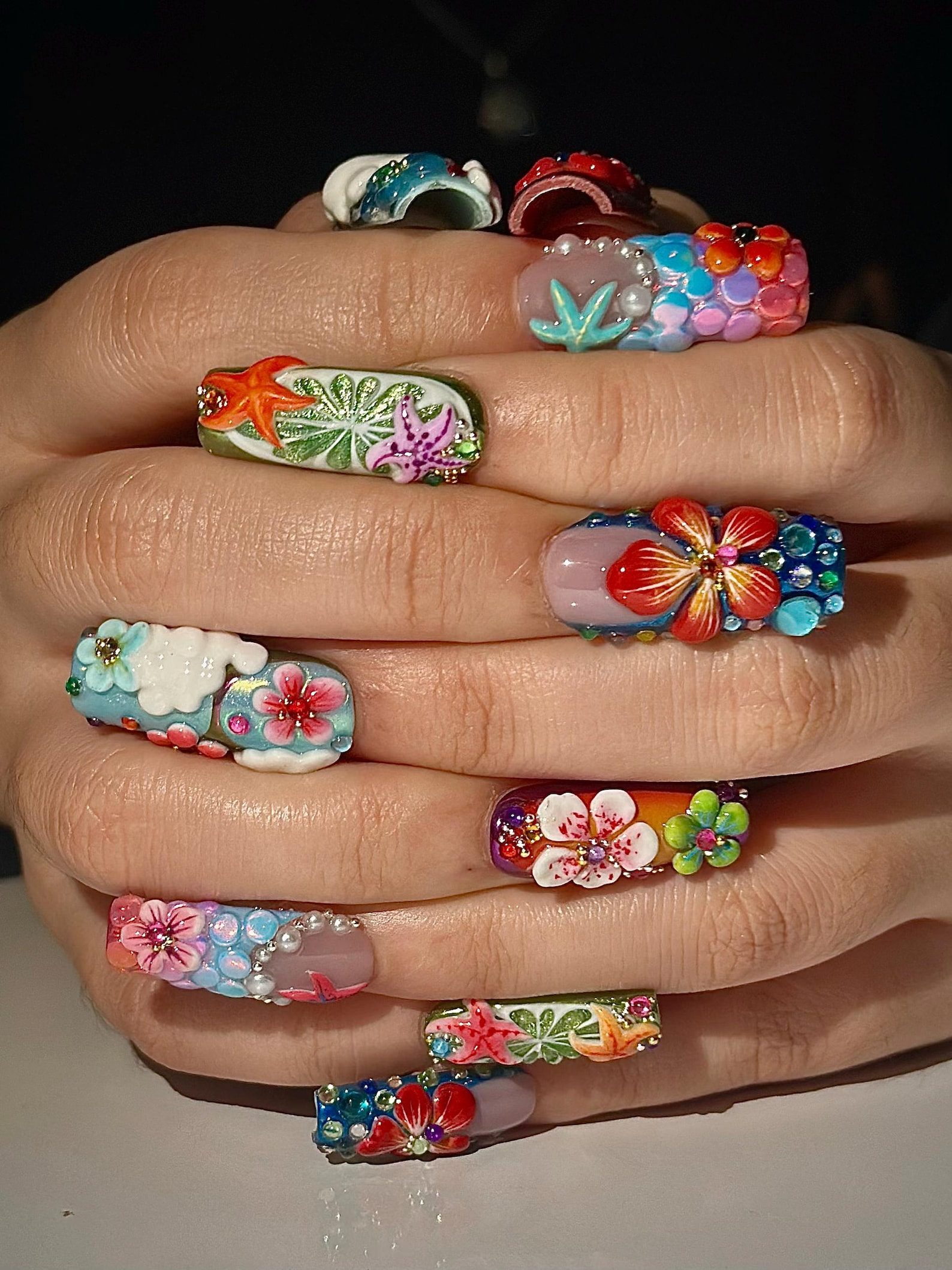 Midnight Sun Press On Nails for Festival | Colorful 3D Flower Nails | Festival Nail | Tropical Summer Luxury Nails | Artistic Nails| OA300HC