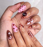 Chocolat Bear Cute Press On Nails | Kawaii Cartoon & 3D Cat Nails | Pink Brown Retro Nail Art | Handmade Fun Press Ons | OB221EC