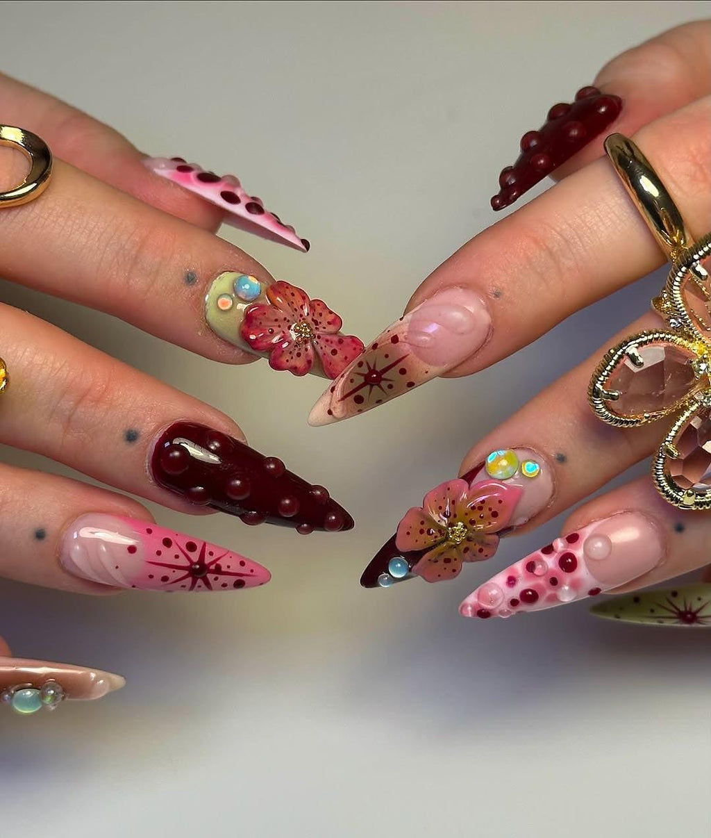 Handmade Burgundy Pink 3D Flower Star Dot Fantasy Press on Nails O18
