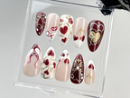 Valentine's Day Almond Nails |Love and Heart Motif Nail Art |Valentine XO Fake Nails |Gold and Red Luxury False Nails |Kawaii Nails |OC727YC