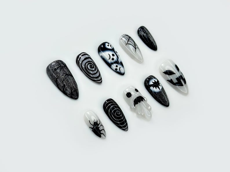 Press on nails for halloween| Black White Gothic Halloween Nails | 3D Ghost & Spider Design | Spooky Night Nail Art | OB197EC
