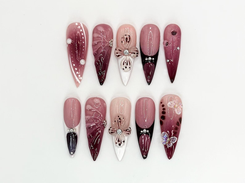 Burgundy Floral 3D Press On Nails | Floral Design with Rhinestones| Floral Accents And Pearl Details | Stylish & Trendy Nail Design | OB660H