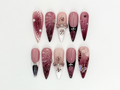 Burgundy Floral 3D Press On Nails | Floral Design with Rhinestones| Floral Accents And Pearl Details | Stylish & Trendy Nail Design | OB660H