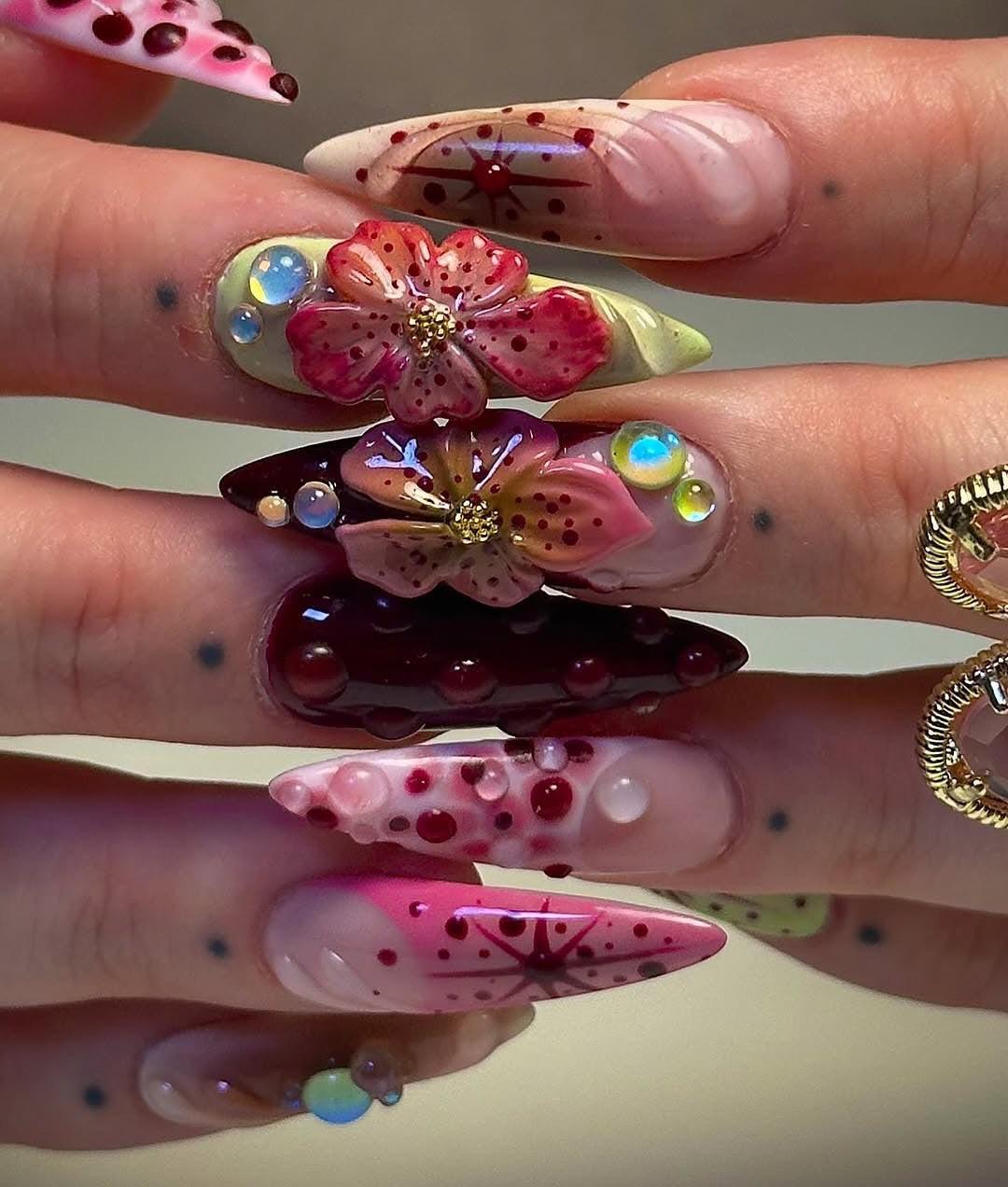 Handmade Burgundy Pink 3D Flower Star Dot Fantasy Press on Nails O18