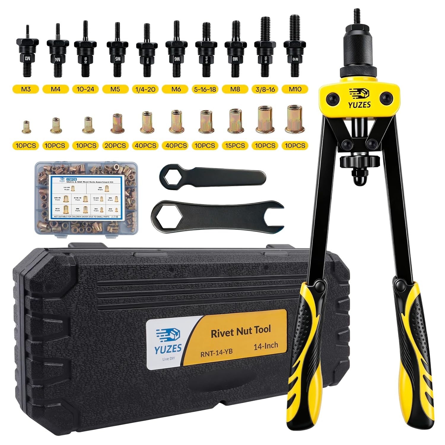 YUZES Rivet Nut Tool Kit, 14" Rivnut Tool with 11 Metric & SAE Mandrels