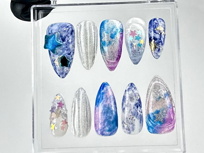 Galaxy Star Press On Nails | Purple. Blue. and Silver Nails | Astral Dreams Fake Nails | Starry Sky Nail Art |Stellar Cosmic Nails| OB698YC