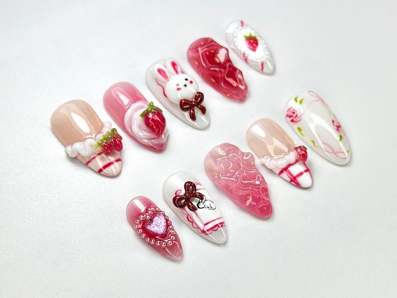 Kawaii Bunny & Strawberry Press-On Nails | Handmade Bunny Nail Art | Cute Girly Nails | 3D Kawaii Nails | Cottagecore Nail Art | OB689H
