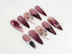 Burgundy Floral 3D Press On Nails | Floral Design with Rhinestones| Floral Accents And Pearl Details | Stylish & Trendy Nail Design | OB660H
