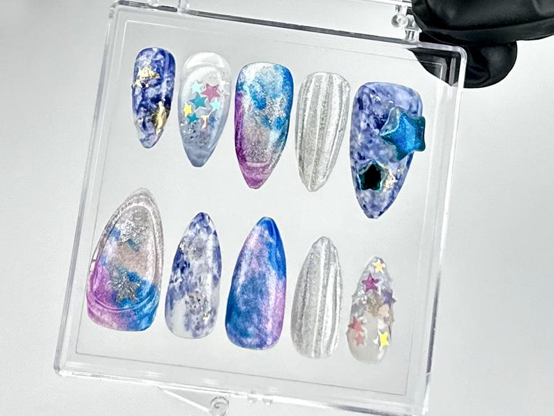 Galaxy Star Press On Nails | Purple. Blue. and Silver Nails | Astral Dreams Fake Nails | Starry Sky Nail Art |Stellar Cosmic Nails| OB698YC