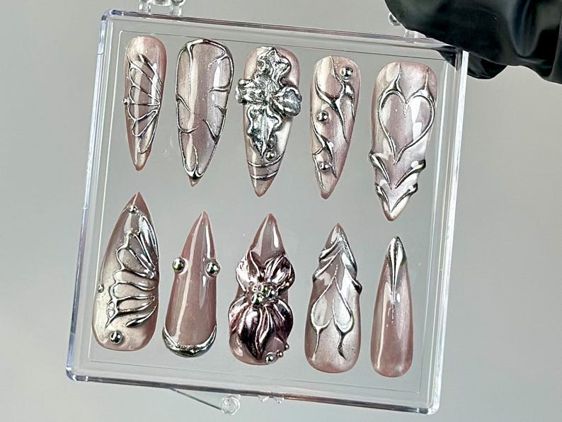 Metallic Chrome Press On Nails | Butterfly Wings Press Ons | Shiny Silver Fake Nails | Elegant Metallic Nail Art |Gothic. Y2K Nails |OB755YK