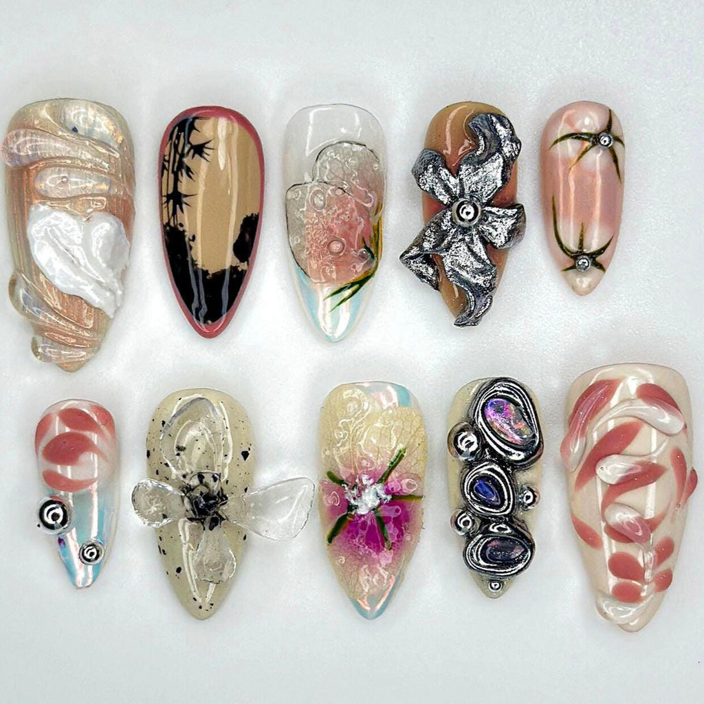 Abstract Blossom Art Press On Nails - Abstract Blossom Metallic Press On Nails