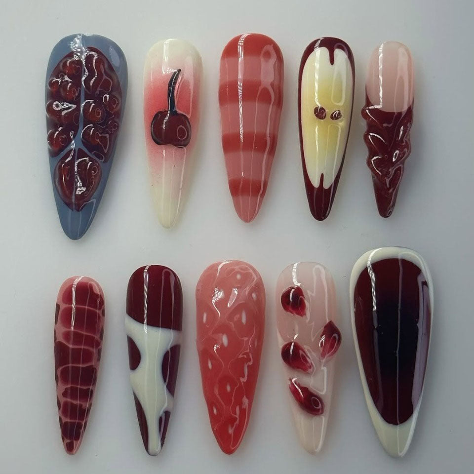 Abstract Red Cherry Press-On Nails with 3D Artistic Details