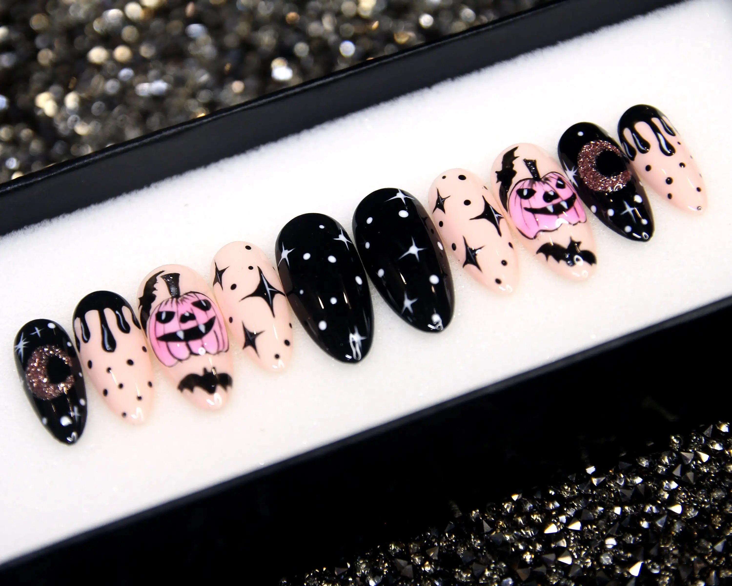Bats and Jack-o'-lantern Starry Night Press on Nails - Halloween Fingernails B45
