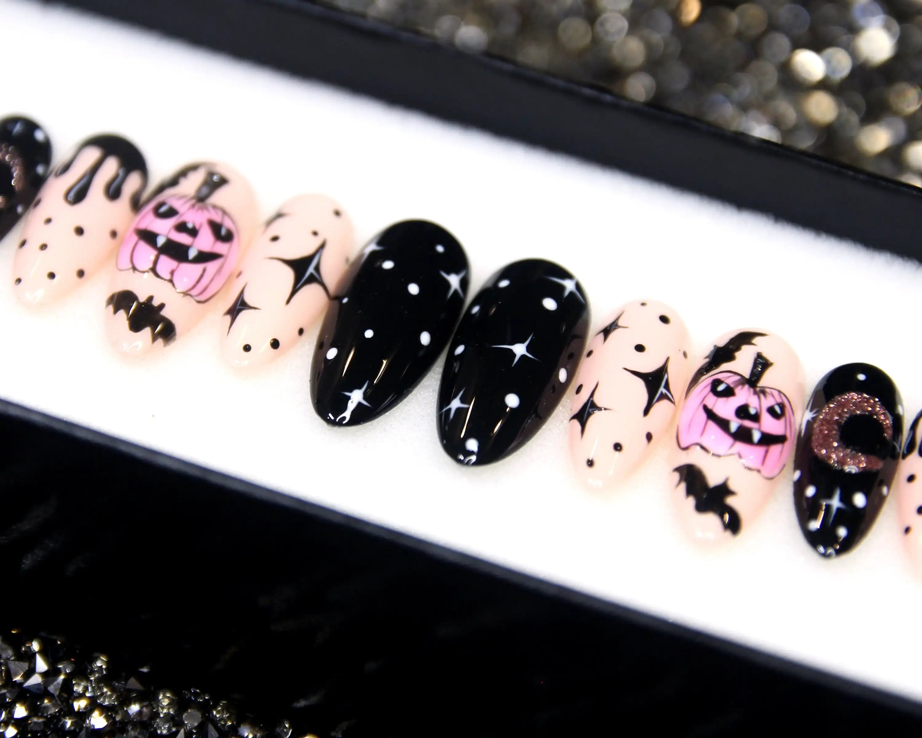 Bats and Jack-o'-lantern Starry Night Press on Nails - Halloween Fingernails B45
