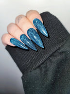 Blue Super Glitter Glossy Handmade Press on Nails - Luxury Reusable Fingernails E42