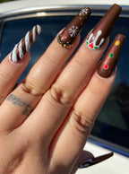 Christmas Gingerbread Nails in Brown - Winter Handmade Fake Fingernails A88