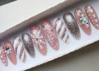 Christmas Glitter Snowflake Pink Press on Nails - Handmade Fingernails T11