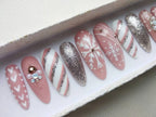 Christmas Glitter Snowflake Pink Press on Nails - Handmade Fingernails T11