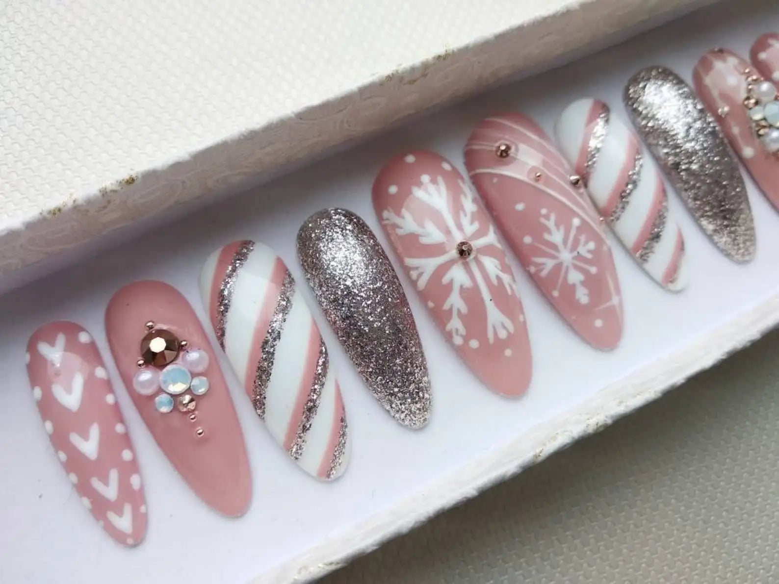 Christmas Glitter Snowflake Pink Press on Nails - Handmade Fingernails T11
