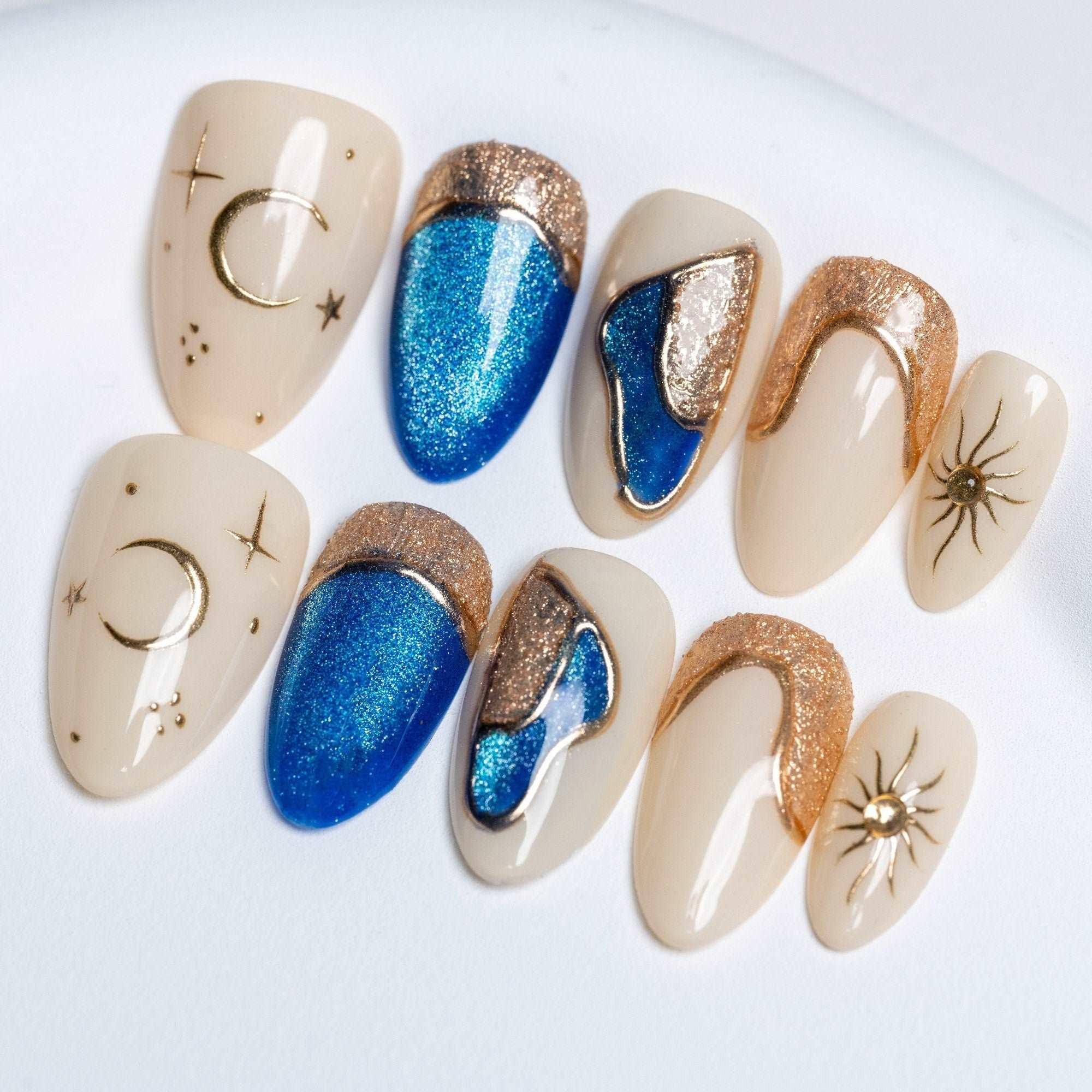 Handmade Blue Gold 3D Cat Eye Press on Nails P25