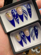 Deep Blue Glitter Diamond Snow Christmas Press on Nails - Handmade Fingernails U74