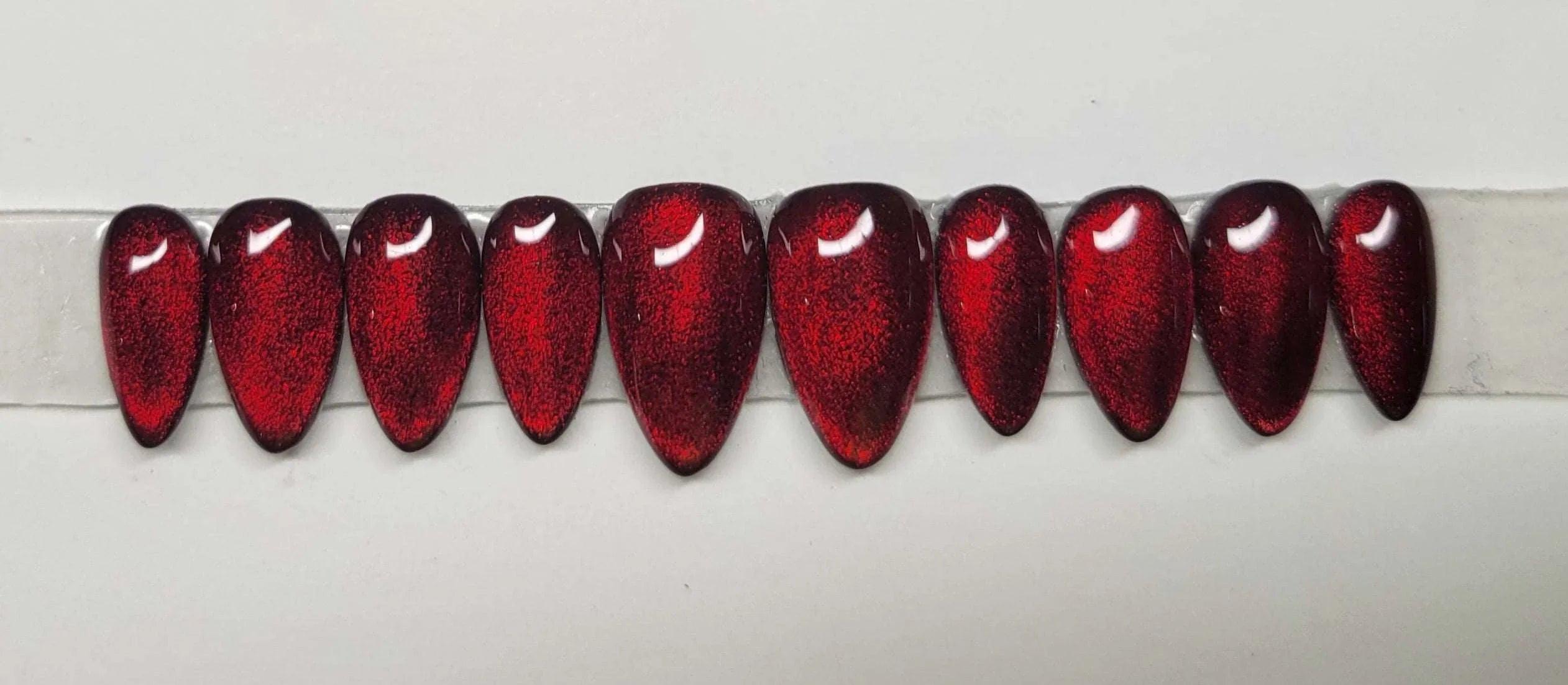 Garnet Magic Cat Eye Red Nails - Custom Handmade Gel Fake Nails S16