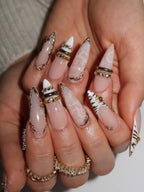 White Lace & Gold Coquette Press On Nails by Icy Nails 4u | Luxury Bridal Stiletto | OB02LU